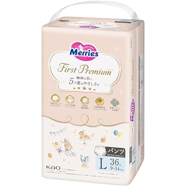 Merries First Premium Pants L Size (9-14 kg) 36 arkuszy (5 gwiazdek łagodność do delikatnej skóry)