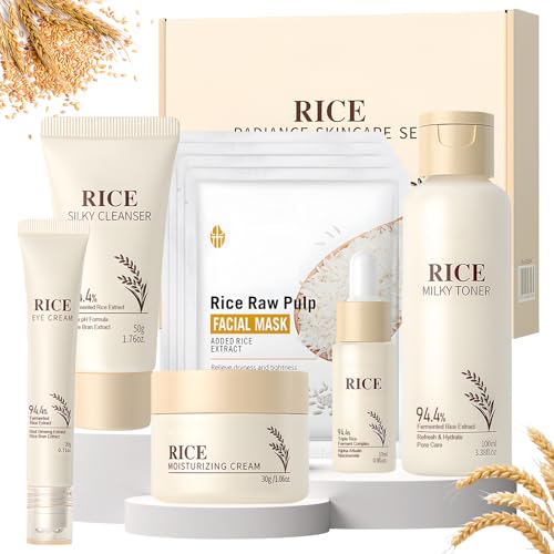 9 Piezas Rice Skincare Kit, Skincare Coreano Kit, Rice Cuidado Facial Mujer con Limpiador Facial, Mascarillas Coreanas, Rice Toner, Cremas Faciales Mujer, Contorno de Ojos, Serum Coreano