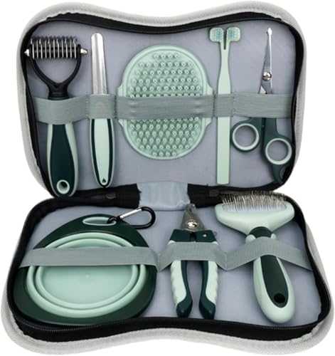 Pet Grooming Kit, 8-Piece Set with Brush, Nail Clipper, Collapsible Bowl and Bath Supplies, Grey and Mint - Image 3