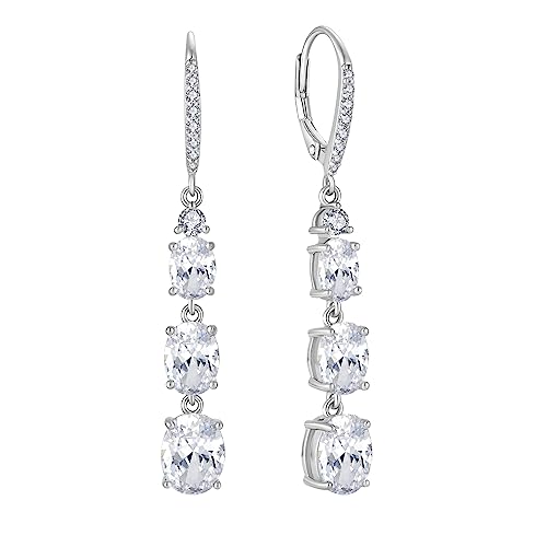 Women 925 Sterling Silver Birthstone 3-stone Leverback Drop Dangle Earrings 5A Cubic Zirconia Jewelry for Her