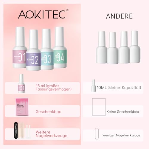 Aokitec Dipping Powder Liquid Set, Dip Base Top Gels Coats Dipping Powder Activator & Brush Saver Dip Powder Nail Kit Nail Dipping Powder Kit French Manicure Kit for Home DIY & Salon Use