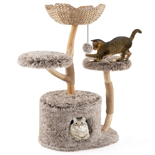 COSTWAY 105cm Kratzbaum Holz, Katzenbaum mit Katzenhöhle, 2 Plüschsitzflächen, Korb, Kratzpfosten aus Jute & Ball, Katzenturm Katzenmöbel...