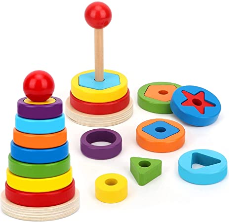Smoneo Wooden Rainbow Rings Tower; Geometric Shape Recognition, Sorting, Stacking and Plugging; Stacker Building & Learning Toy for 3-5 Yr Kids (20 pcs)