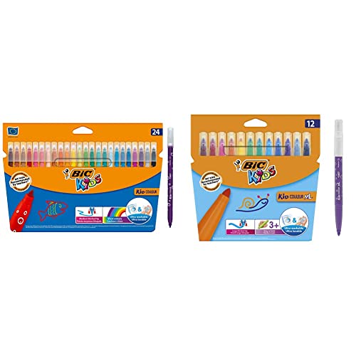 BIC Kids Filzstifte Kid Couleur, ab 5 Jahre Filzstifte Kid Couleur XL, Fasermaler zum Malen in 12 auswaschbaren Farben, mit dicker Spitze, im Karton Etui, ab 3 Jahre