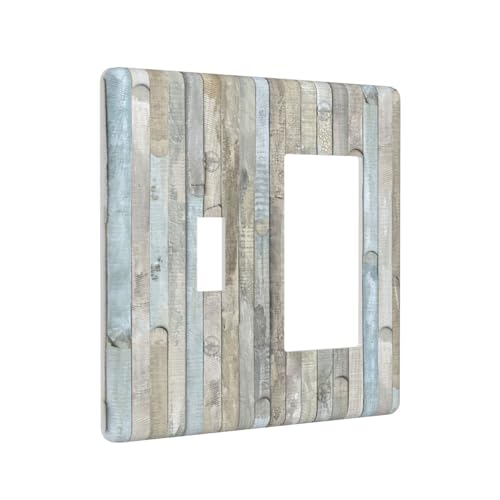 Distressed Rusitc Aged Old Wood 2 Gang Combination Single Toggle/Decorator Wall Plate Cottage Lodge Core Grey Wooden Combo 1-Toggle 1-GFCI/Rocker Outlet Light Switch Dimmer Receptacle Faceplate Cover