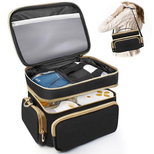 Image of GJNL 2 Layer Breast Pump Bag with Insulated Pocket, Pump Bag with a Waterproof Mat & Adjustable Dividers, Pump Bag for Breast Pump (Like Medela, Elvie, Willow, Momcozy) and Extra Parts