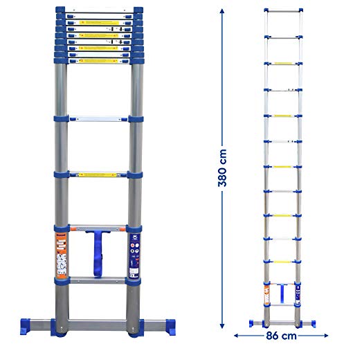K•LUTECH - Teleskopleiter, Klappleiter Einziehbare Leiter, Hergestellt aus Aluminium in Profiqualität, CE-Zertifiziert bis 150 kg EN131 (3.80m)