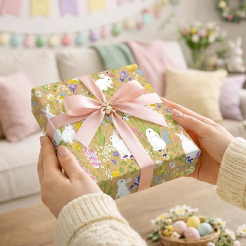 Wikadlik Kraft-Osterhasen-Geschenkpapier - 43 cm x 10 m - Hase in einem Frühlingsblumenfeld Geschenkpapier für Feiertage, Dekorationen und Kinder