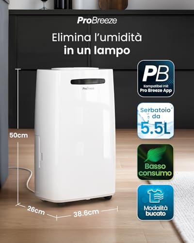Deumidificatore Intelligente 20L Pro Breeze Con Display Digitale Dell’Umidità, Modalità Notturna, Scarico Continuo, Asciugatura Bucato E Timer 24 Ore - Ideale Contro Umidità E Condensa - 2