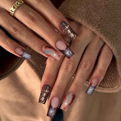 SEMATA Acrylic French Tip Press on Nails Medium Long Square Nails Press ons Coffin Glue on Fake Nail with Star Designs Reusable Artificial Stick on False Nail for Women 24Pcs — view 2