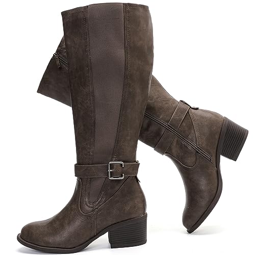 Image of Luoika Women's Extra Wide Calf Heeled Knee High Boots. | Wide Width, Winter Boots, Block Heel, Adjustable Buckle, Round toe