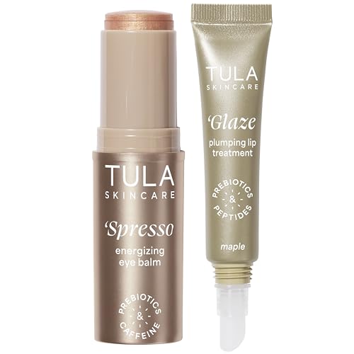 TULA Skin Care Bronzy Duo - Americano Spresso Energizing Eye Balm 0.35 oz + Maple Glaze Plumping Lip Treatment 0.28 oz, 2-Piece Kit