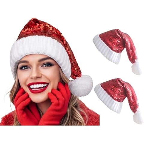 CLOOOUDS Adult Sequin Santa Hat Knitted Santa Hat Xmas Hat Beanie Glitter Christmas Hat Santa Hat For Women Men Cover
