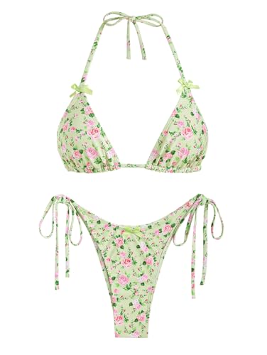 seamoly Bow Decor Tiny Floral Halter Tanga Tie Side String Triangle Bikini Set, Light Green, M
