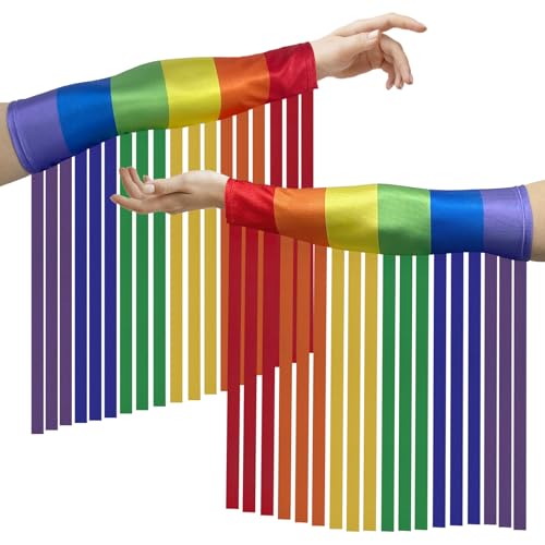 Ovasorve Rainbow Pride Fringe Arm Warmers for Women & Men - LGBTQ+ Parade Accessories, Rave Festival Dancewear, Colorful Striped Glow Party Gear for Celebration Events