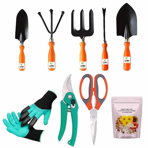 GROW DELIGHT Gardening Tools Kit-9 Pcs (Fork, Cultivator, Big Trowel, Small Trowel, Weeder, Garden Gloves with Claws, Pruner, Garden Scissor, Flower Seeds Packet)