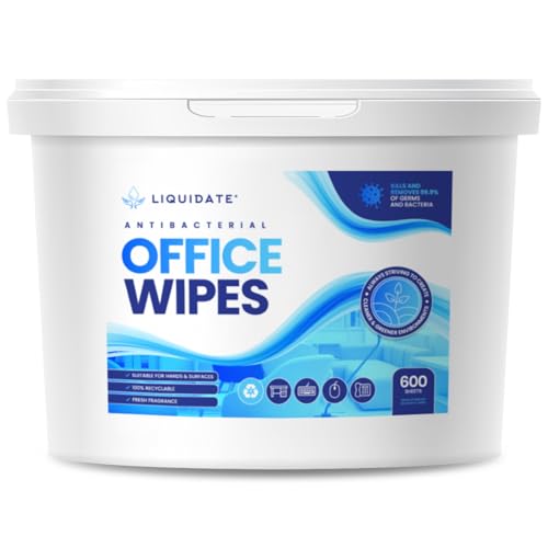 Office Wipes - 600 Heavy-Duty Antibacterial Recyclable Wipes - Eliminates 99.9% of Germs - Perfect for Offices, Desks, Work Surfaces & Homes - Refillable Bucket