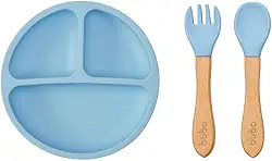 Kit Alimentação Silicone Buba 2pçs Prato Talher Bambu Azul