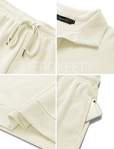 Merokeety Women's 2 Piece Waffle Knit Lounge Sets Long Sleeve Shorts Outfits Pjs With Pockets Cream #TOP6