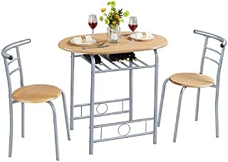 Yaheetech 3 Piece Compact Dining Room Set, Dining Table & Chairs Set for 2, Kitchen Table Set with Metal Legs and Shelf, Built-in Wine Rack for Small Space/Apartments/Dorm Room, Natural, 80x53x75.5cm