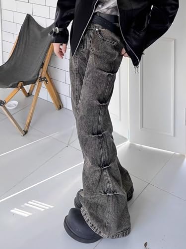 Flared Jeans for Men Mid Waist Stretch Slim Fit Pleated Y2K Streetwear Denim Pants Casual Loose Fit Hip Hop Jeans2