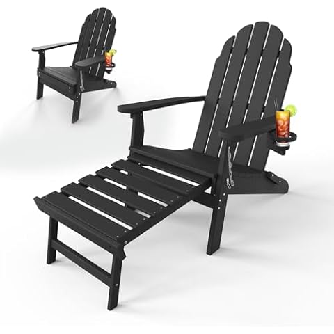 Folding Adirondack Chairs Set of 2, Retractable Ottoman, Poly Lumber Patio Chairs with Cup Holder, Weather Resistant Lawn Outdoor Fire Pit Chair for Porch, Pool, Deck, Backyard, Garden, Black Cover