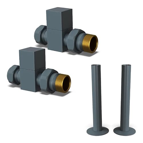 UK Radiators Square Anthracite Radiator Valves and Pipe Covers - Anthracite Matt Finish - Classy and Modern Design 1/2" x 15mm Straight Radiator Valves - Pair of Valves with 130mm Pipe Covers