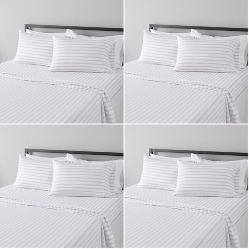 Image of Amazon Basics Lightweight Breathable Brushed Microfiber 4-Piece Bed Sheet Set,Wrinkle Resistant with 14-Inch Deep Pockets,Queen,Taupe Stripe,(Pack of 4)