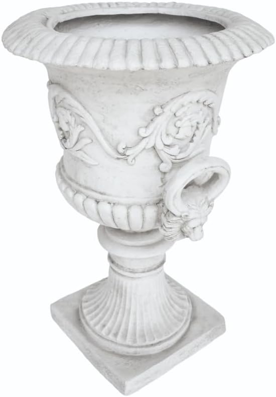 MGO Garden Urn Planter, Multi-Purpose Water Resistant Faux-Stone Planter with Botanical Accents Roman Design for Home (Antique White)