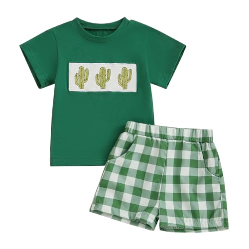 Image of Western Toddler Baby Boy Summer Clothes Cow Head Embroidery Short Sleeve T-shirt Plaid Shorts Infant Smocked Outfit