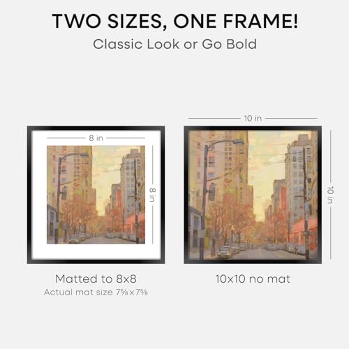 Image of Homeforia 10x10 Black Picture Frame, High-End Metal, 8x8 Mat, Glass | High End Aluminum, Tempered Glass, Acid-Free 8x8 Removable Mat, 10x10 in Edge-to-Edge Display 10x10, Wall Kit, Set Of 1