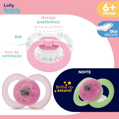 Chupeta Star Dia e Noite Silicone +6 meses 2 unidades Lolly Rosa