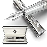 Wordsworth & Black Fountain Pen Set, 18K Gilded Medium and Extra Fine Nibs, 6 Ink Cartridges and Refill Converter, Gift Case, Smooth Writing Pens [Silver Chrome], Perfect for Men and Women