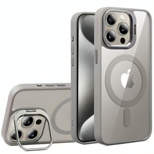 Image of VONZEE Clear Camera Kickstand Case for iPhone 15 Pro Max, Built-in Adjustable Camera Stand, Clear Magnetic Mag-Safe Shockproof Classic Series Phone Cover (Grey)