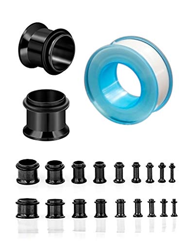 XSNA 18pcs Ear Gauge Tunnels & 1 pcs Ear Stretching Tape Set 14G-00G 9 Sizes Surgical Stainless Steel Eyelets Body Piercing Jewelry, Black