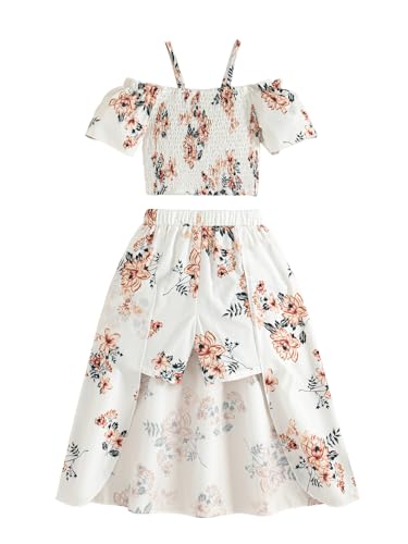 Image of Girls Summer Clothes 2 Piece Outfits Kids Floral Print Off Shoulder Crop Top and Shorts Skirt Clothes Set
