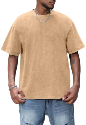 Image of AIYINO Mens T-Shirt Acid Wash Vintage Oversize Tee Shirt UK Tops Khaki L