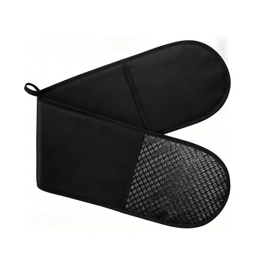 Bufomafo Double Oven Gloves | 250°C/482°F Heat Resistant Oven Mitt Set | Silicone Non-slip Design Black Oven Gloves Double for Extra Protection | 84 x18cm Cotton Potholder