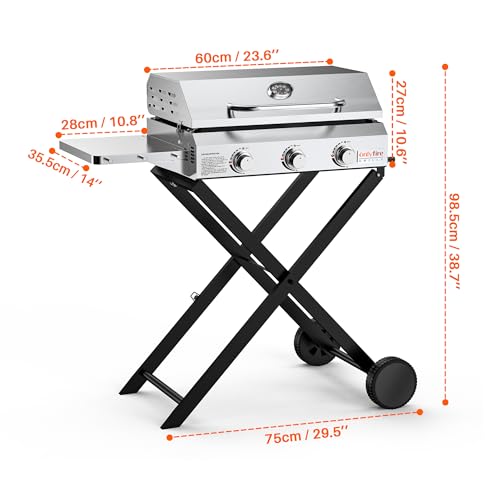 Onlyfire BBQ Gasgrill Grillwagen | Plancha Gasgrill 3 Brenner | mit Faltbarem Rollwagen, Keramische Lackbeschichtung Grillplatte, Rollen | Grillfläche 57x36cm | 7Kw | für Outdoor Camping Balkon Garten