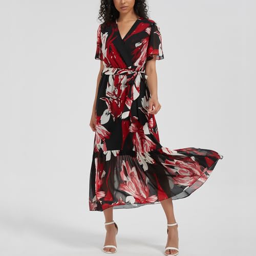 Image of Women's Summer Bohemian Floral Chiffon Dress Cap Sleeve V Neck Ruffle Long Flowy Boho Casual Vacation Dresses