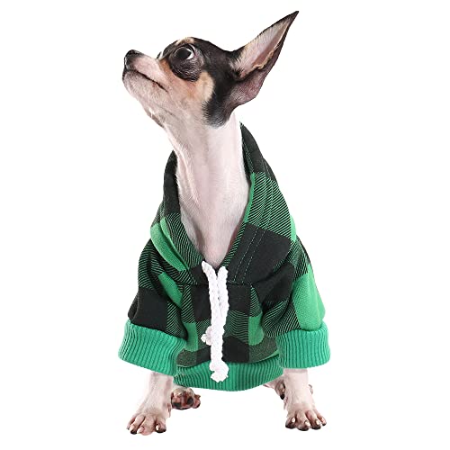 Hozz Green Dog Hoodie Winter Dog Sweatshirt with Leash Hole and Pocket Warm Dog Clothes for Buffalo Plaid Small Dog Sweater Chihuahua Coat Clothing Puppy Custume L