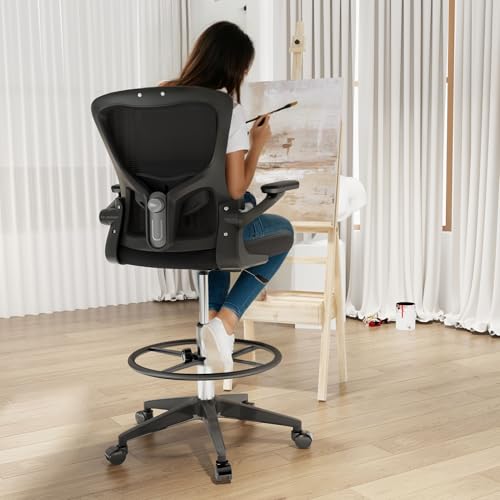 FLEXISPOT Upgraded Drafting Chair Tall Office Chair with 2D Lumbar,3D Flip-up Armrest,Standing Desk Chair with Breathable Mesh Adjustable Foot Ring Stool BIFMA Certified for Home Office,Black