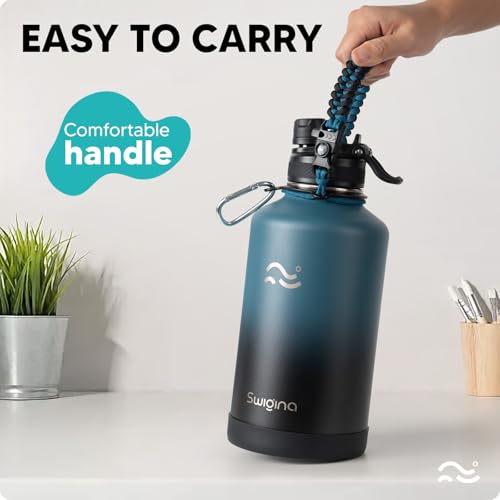 Image of Swigina [2-IN-1 LID] 64 oz Insulated Water Bottle with Silicone Boot (48hrs Cold /24hrs Hot) - DIY Stickers, Leakproof, BPA Free, Half Gallon
