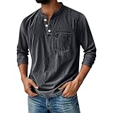 Long Sleeve Henley Shirts for Men Retro Button Down Vintage T Shirts for Men Bands Casual Distressed Stand Collar Pocket V Neack Muscle Classic Fall Washed Tops Gray XXL
