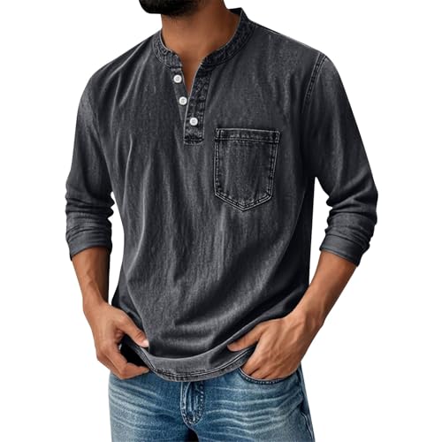 Mens Henley Shirts Long Sleeve Retro Button Down Vintage T Shirts for Men Casual Distressed Stand Collar Pocket V Neack Muscle Classic Fall Washed Tops Gray L