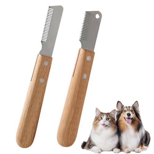 2 Piezas Peine Perro, Tijeras Peine para Mascotas, Stripping Perros con Mango de Madera, Suministros para el Pelo de las Mascotas, para Gatos, Perros y Conejos