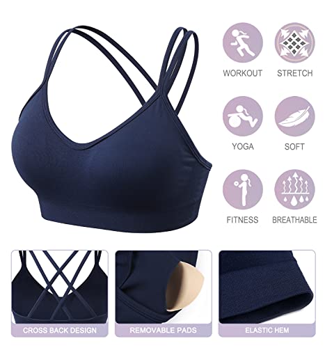Image of VEQKING Strappy Cross Back Women Sports Bra Pack for Medium Support Workout | Removable Padded Cups, Spaghetti Strap, Comfort Seamless Wirefree, Soft Breathable Fabric, for Gym /Yoga /Pilates /Walking /Daily