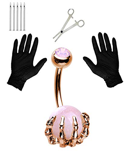 Jconly Belly Button Piercing Kit - 14G Stainless Steel Navel Rings Skull Hand with Gem Ball Belly Button Rings with Piercing Needles Piercing Clamp 