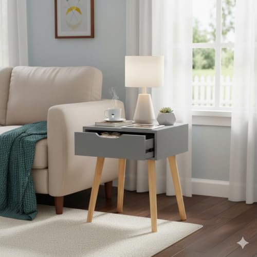 Image of Modern Bedside Table with Drawer & Wooden Legs | Compact Nightstand for Bedroom | Scandinavian Style Side Table with Storage for Home Living Room (Grey, 1 Drawer)
