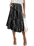 Women's 2025 Bohemian A-Line Skirt Elastic Waist Stripes Printed Midi Pencil Skirts with Pockets (BlackVerticalStripes, X-Large)